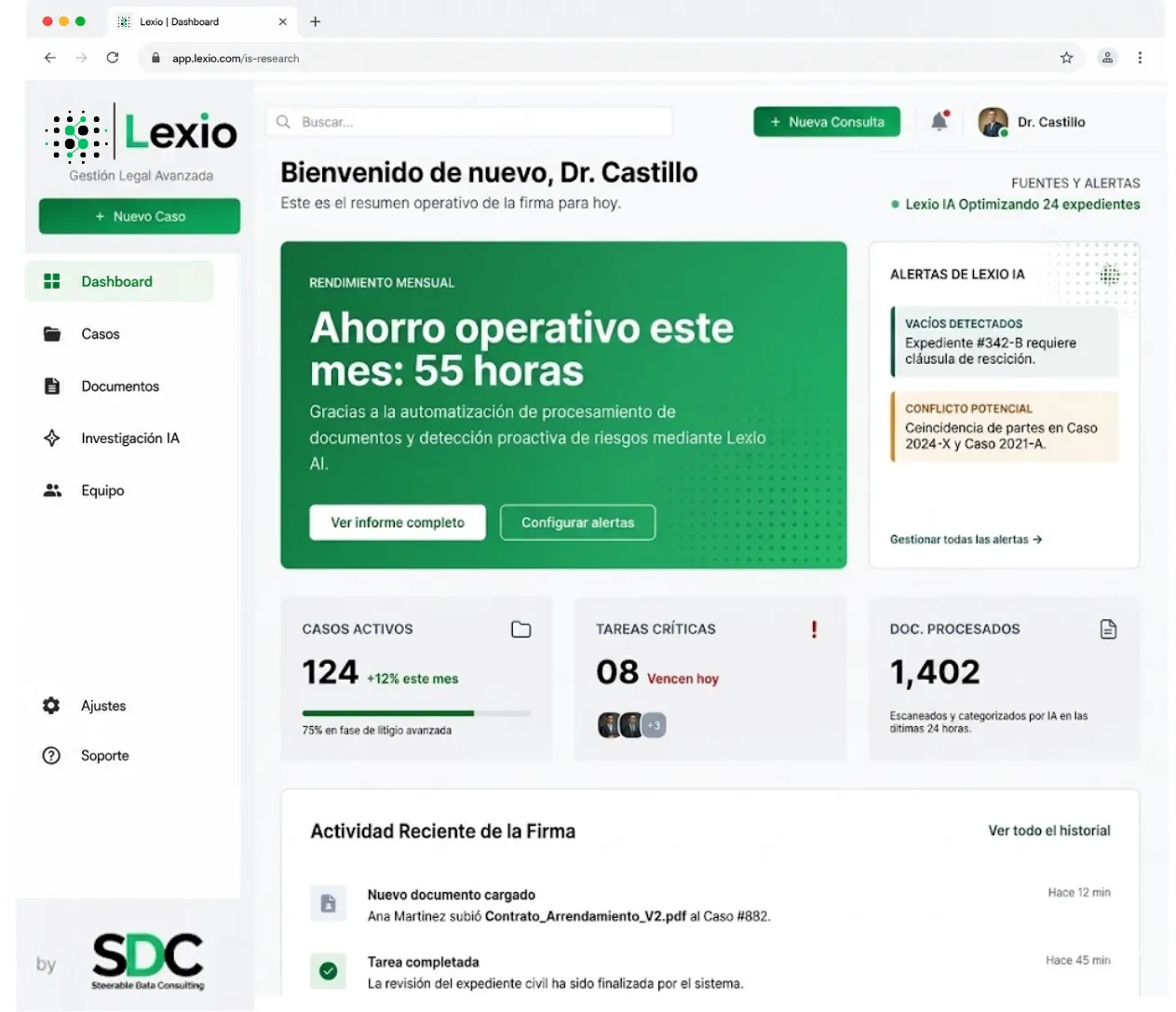 Dashboard de Lexio centralizando la información